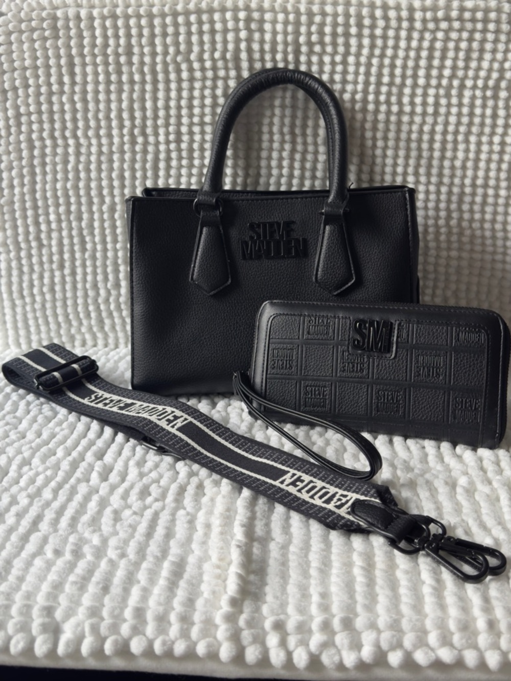 Steve Madden Mini Tote Bag + Wallet Set Black Crossbody Strap